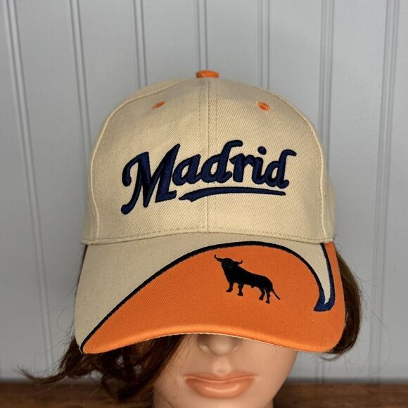 MADRID Bull Spain Flag Embroidered Orange Beige Trucker Hat Adjustable Sz 7 - Picture 2 of 10